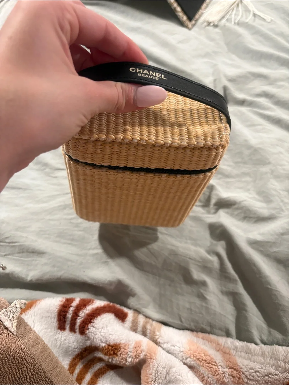 CHANEL Beauté Natural Straw and Black Trim Cosmetic Case with Gold Logo
